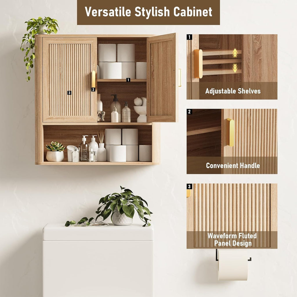 INNOD Bathroom Wall Storage Cabinet, Medicine Cabinet with Adjustable Wood Shelf & Doors, Over the Toilet Storage Cabinet for Laundry Room & Living Room Kitchen Storage Islands (Natural Oak)