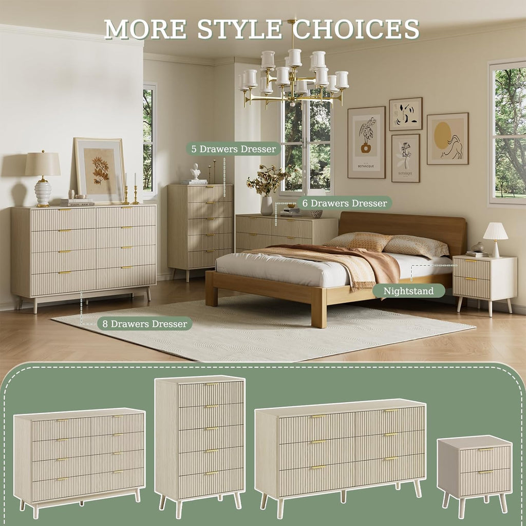 LYNSOM 55" Wide Fluted Dresser for Bedroom with 6 Drawer, Modern Chest of Drawers with Curved Profile Design and Metal Handles, Wood Dresser TV Stand & Storage Organizer for Living Room, Beige