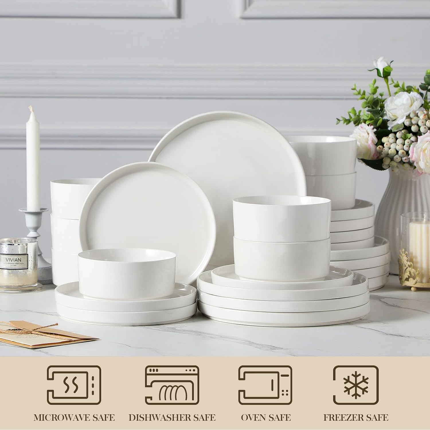 MALACASA 24 Pieces Porcelain Dinnerware Set, Modern White Dish Set for 8, Premium Serving Plates and Bowls Sets, Chip and Scratch Resistant Dishware Sets Kitchen Dishes Dining Ware Set, Series LEAH