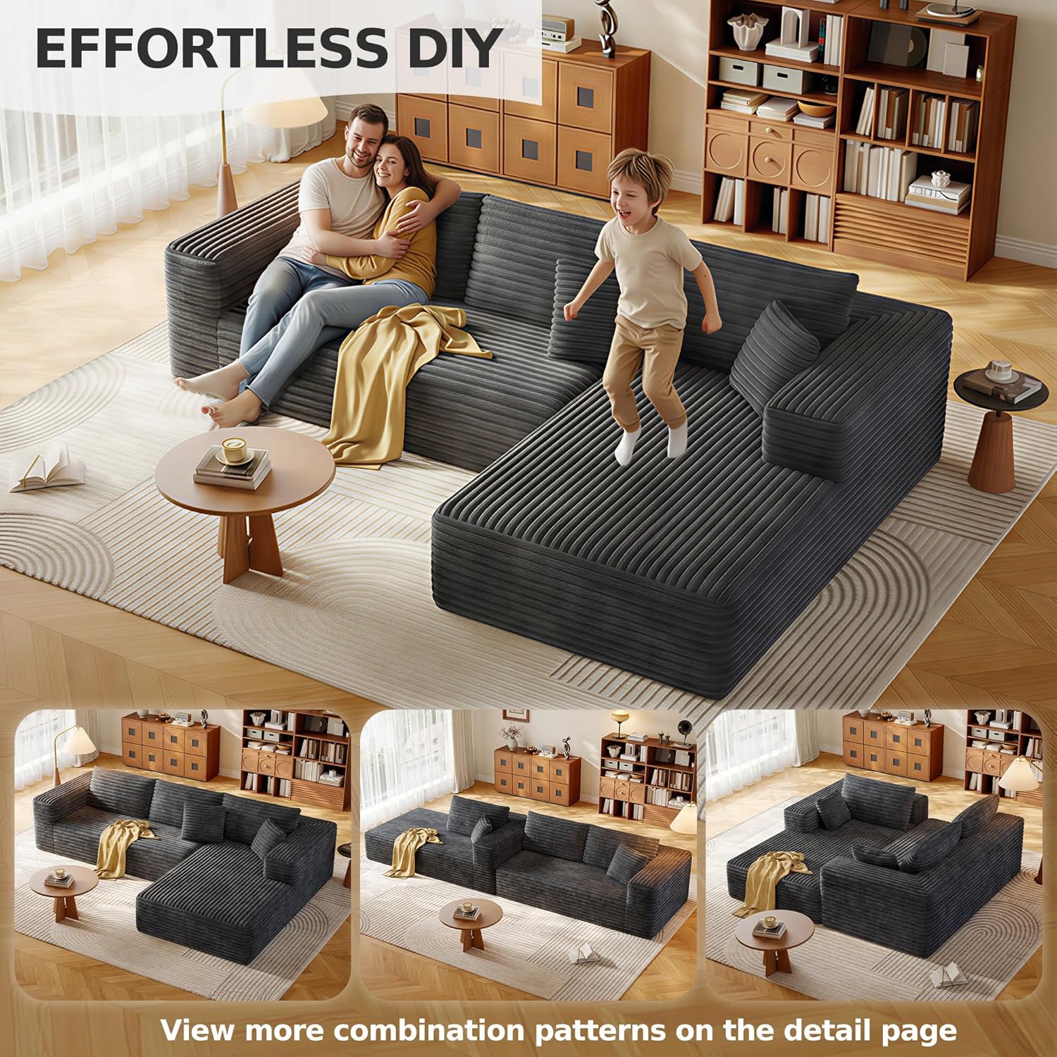 108.2" Modular Sectional Sofa with Deep Seat, Boneless L Shaped Corduroy Couch Modern Comfort, Cloud Couch Oversized for Living Room No Assembly (Right Facing Chaise,Gray)