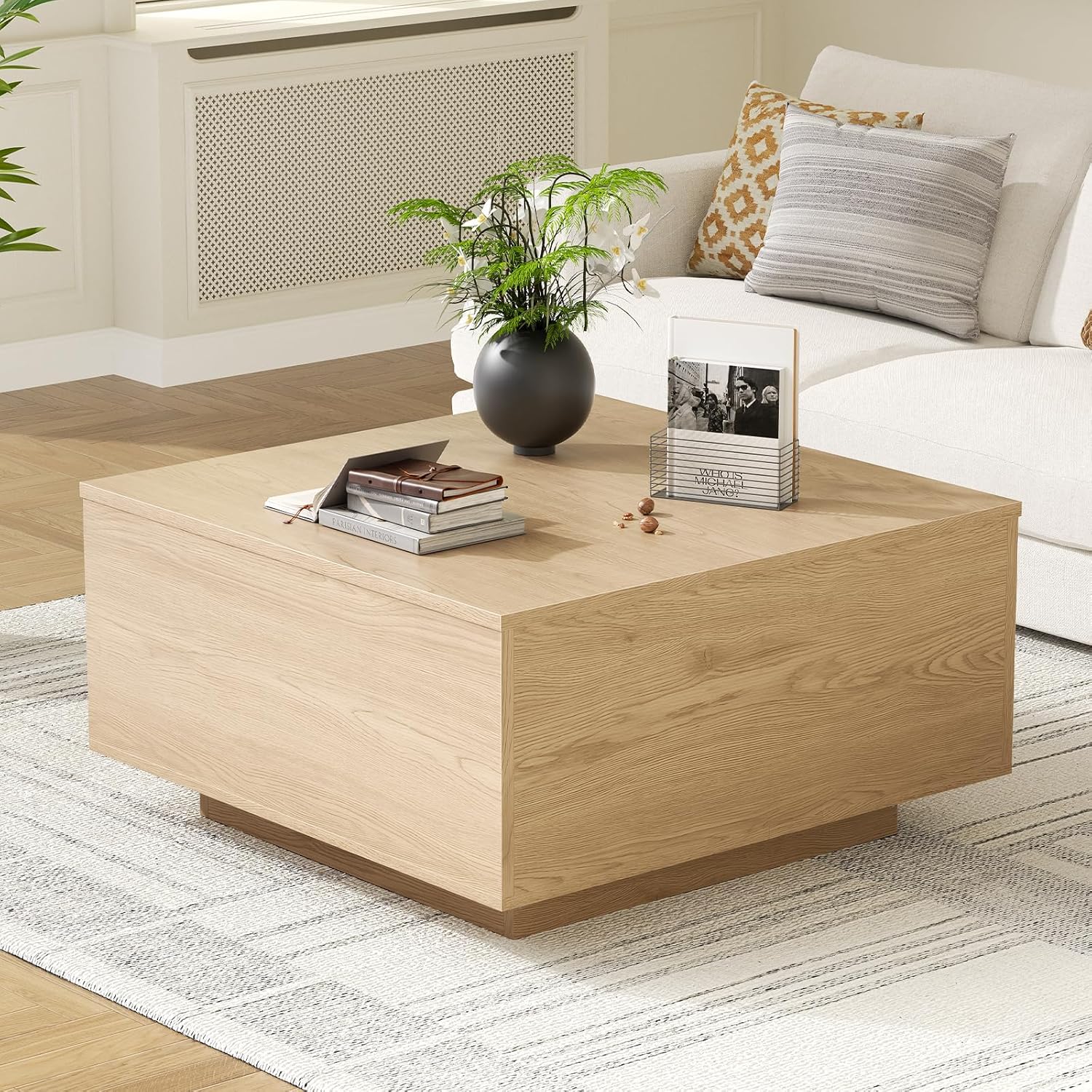 FABATO Lift Top Coffee Table, Wood Square Coffee Table with Storage, Farmhouse Coffee Tables with Hidden Storage Compartment, Center Table with Lifting Tabletop for Living Room, Home Office, Natural