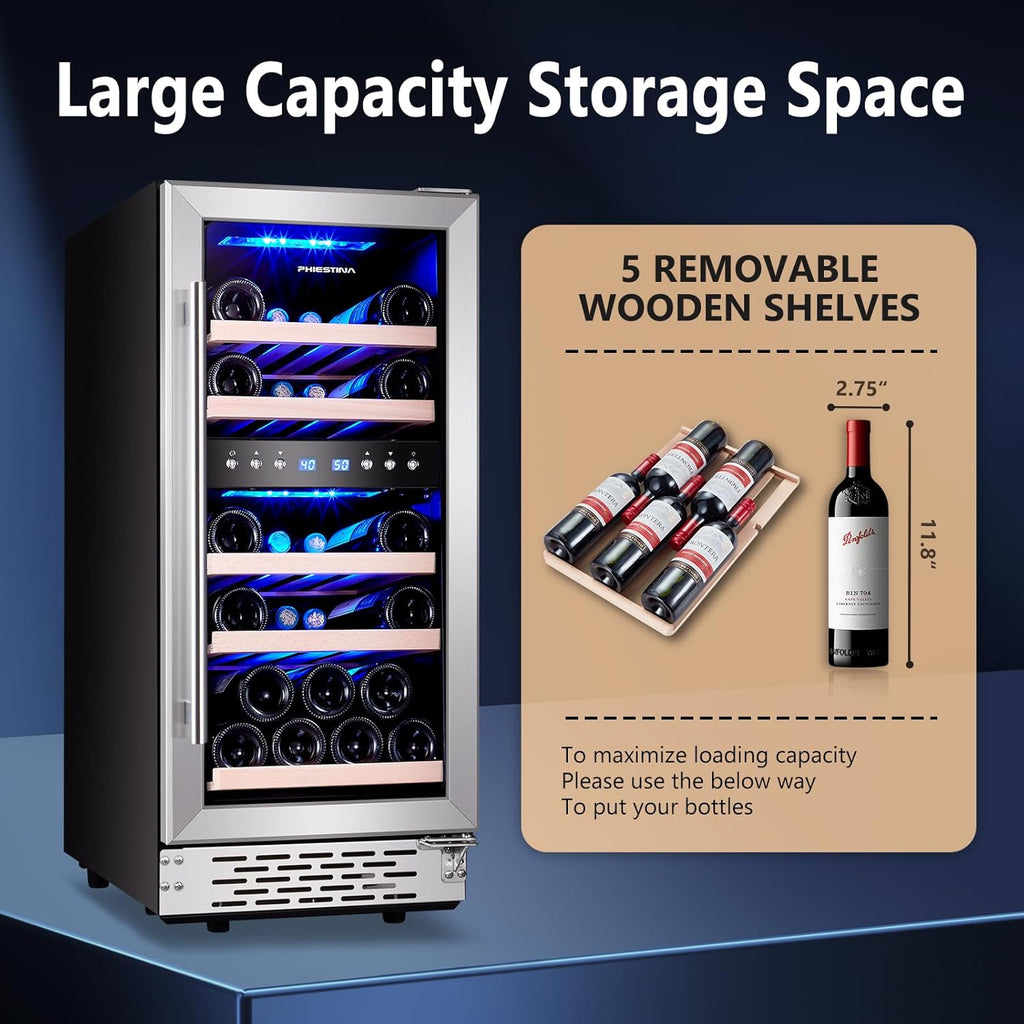 Phiestina Wine Fridge, 15 Inch Small Wine Cooler Refrigerator 31 Bottles Dual Zones Under Counter Temperature Control Built-in/Freestanding
