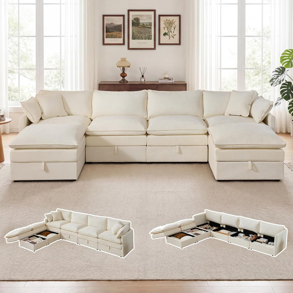 Modular Sofa with Storage, 135" U Shape Sectional Cloud Couch, Comfy Fabric Couch with Movable Ottoman, 6 Seat Modern Deep Seat Sofa for Living Room (Beige Chenille)