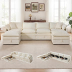 Modular Sofa with Storage, 135" U Shape Sectional Cloud Couch, Comfy Fabric Couch with Movable Ottoman, 6 Seat Modern Deep Seat Sofa for Living Room (Beige Chenille)