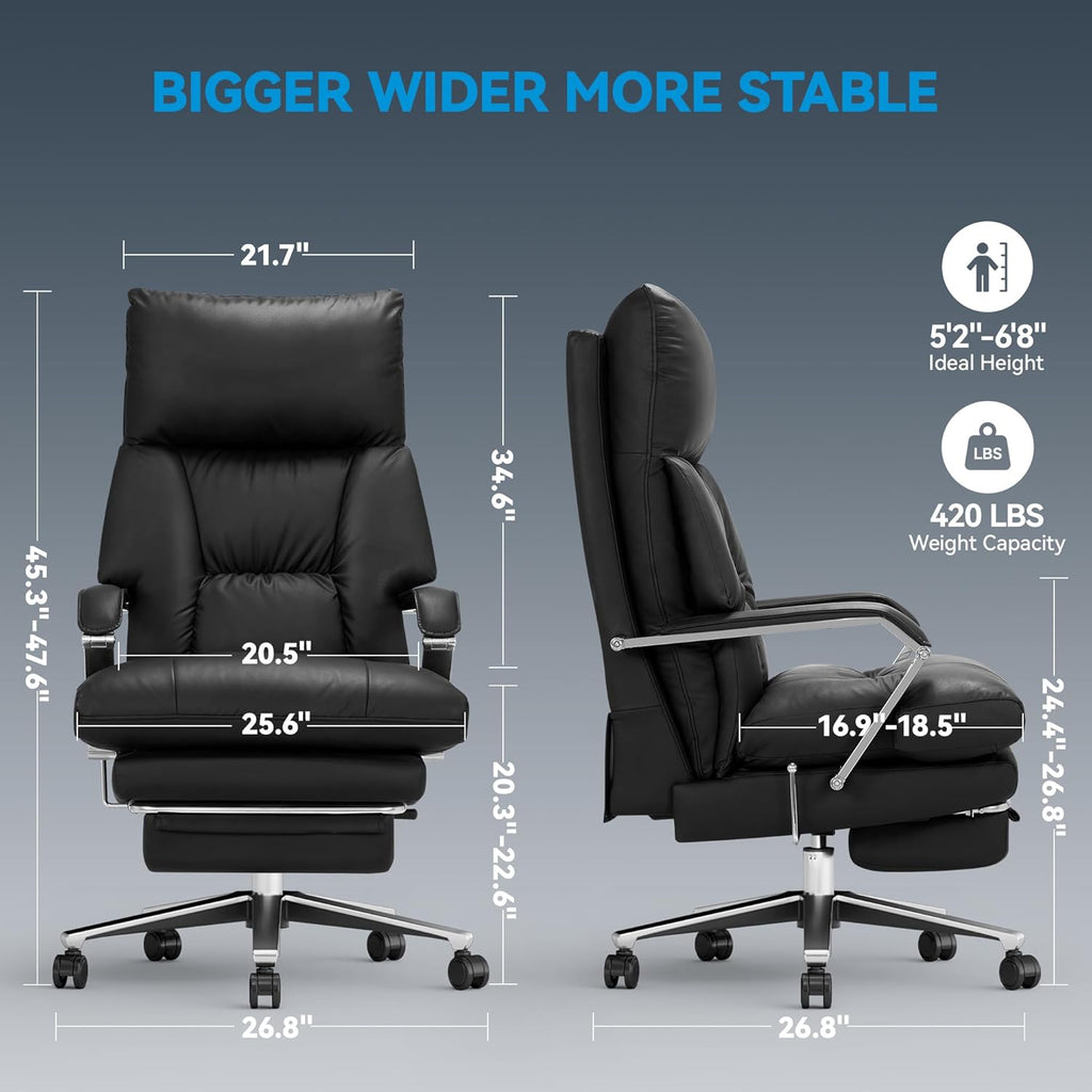 M76 160° Reclining Office Chair with Footrest, 10" Thick Cloud Cushion Executive Desk Chair, Extra Wide Cross-Legged Ergonomic Chair for Big and Tall, Adjustable Seat Depth, Easy Assembly, Black