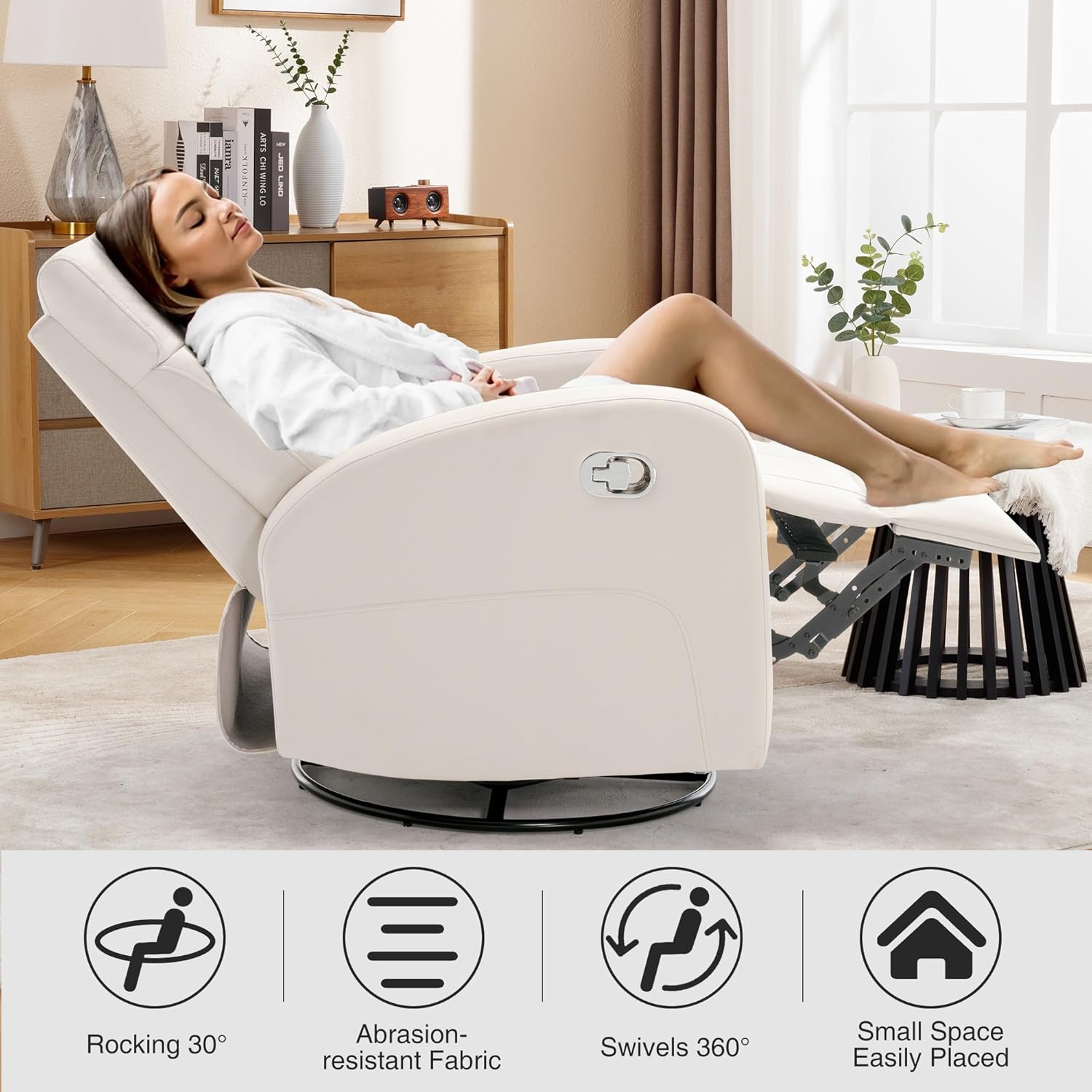 Swivel Rocker Recliner Chair, Manual Faux Leather Recliner, Glider Rocking Recliners 360°Swivel Nursery Reclining Chairs with Adjustable Headrest Highback for Living Room, Cream