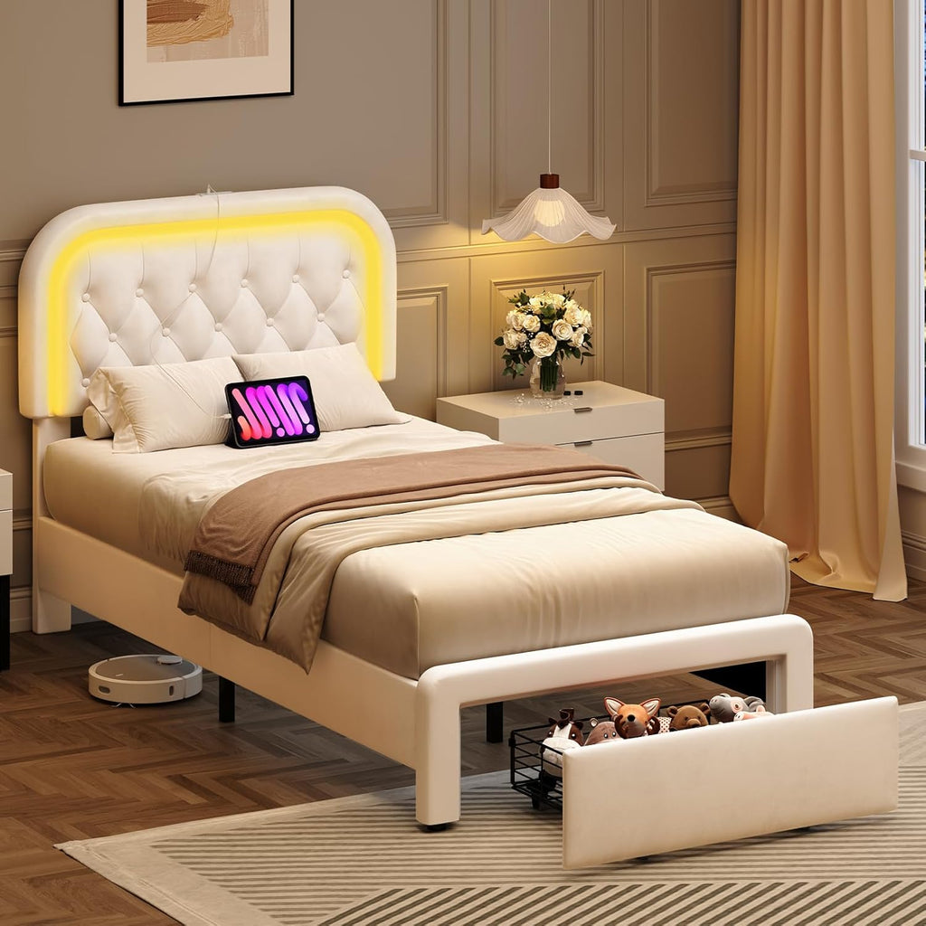 Twin Upholstered LED Bed Frame with Large Storage Drawer & Charging Station, Velvet Platform Bed with Stylish Rectangular Rounded Corner Headboard, Wooden Slats Support, No Box Spring Needed, Beige