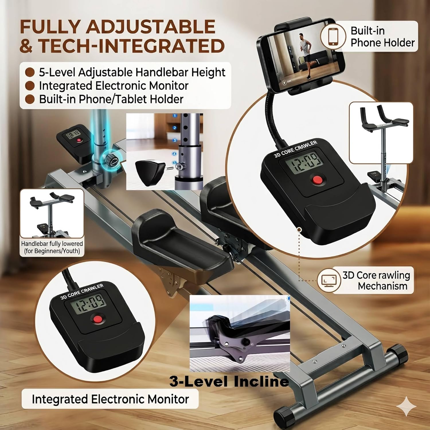 Crawling Training Machine Noiseless Spine Twist Stretch Trainer Home Gym Exercise Machine with Adjustable Hand Grips LED Display Knee Support & Steel Frame Full Body Low-Impact Cardio