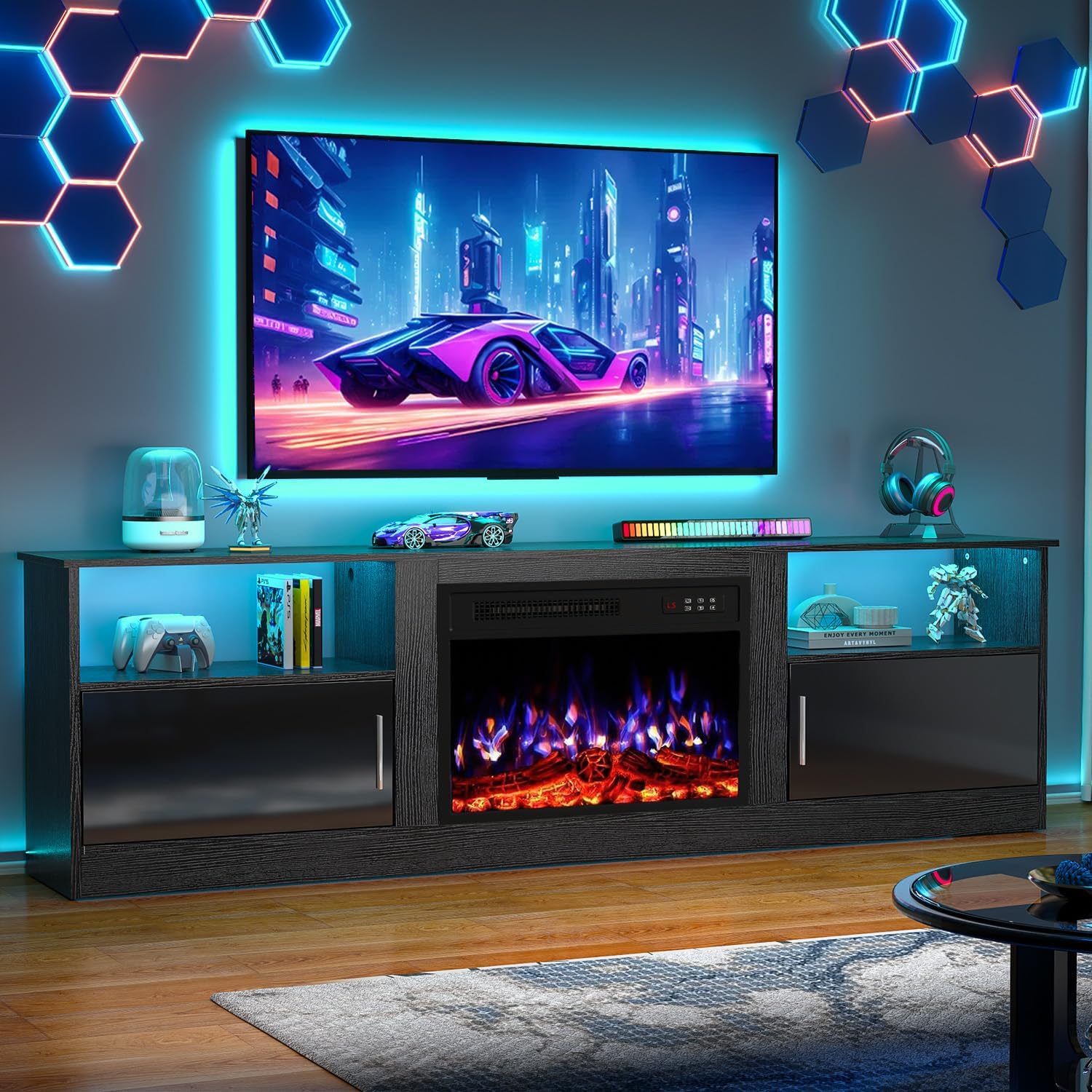 70" Fireplace TV Stand with 23" Electric Fireplace for TVs Up to 80 inch, Modern LED Light Entertainment Center with High Gloss Storage Cabinet, Media TV Consoles for Living Room (Black, 70")