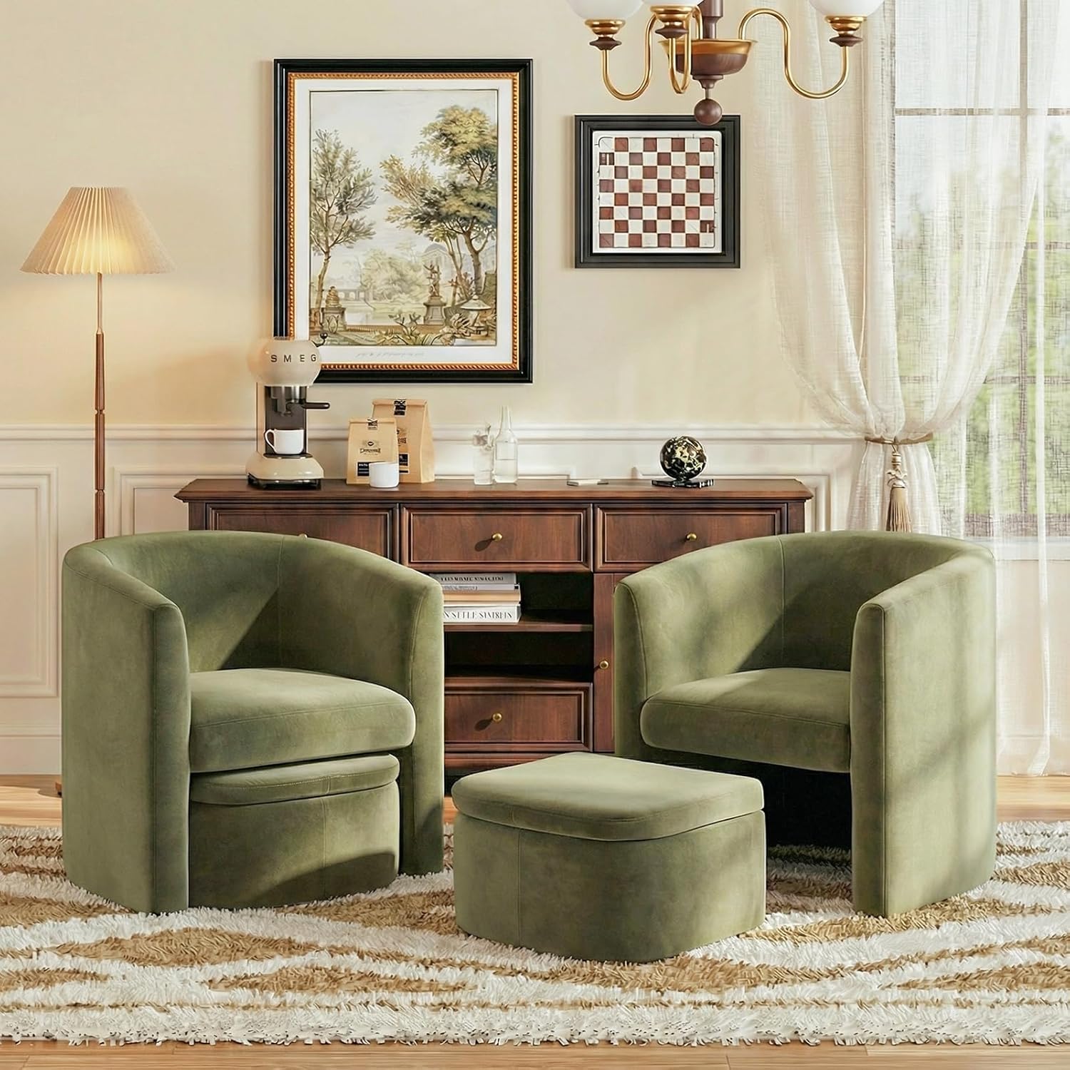 COLAMY Velvet Morden Living Room Chair with Storage Ottoman, Barrel Accent Chair with Lounge Seat for Bedroom/Reading Spaces, Green, Rubberwood, Sponge Foam, Velvet
