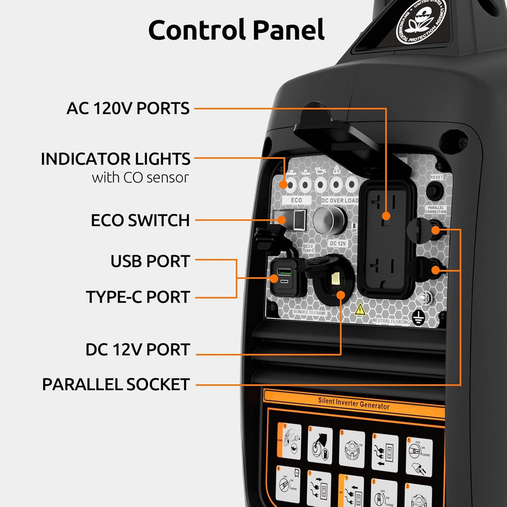 Portable Inverter Generator 2500W Gas Powered  Long Runtime Gas Generators for Home Use  Camping  Super Quiet Emergency Home Backup  with CO Sensor  EPA Compliant