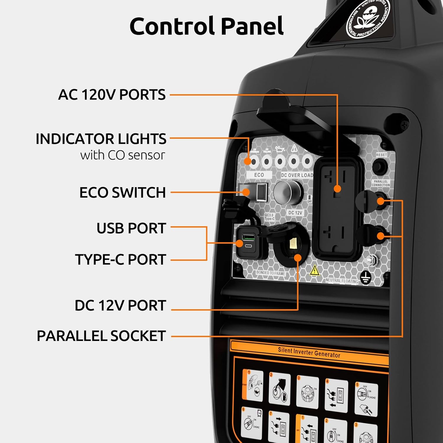 Portable Inverter Generator 2500W Gas Powered  Long Runtime Gas Generators for Home Use  Camping  Super Quiet Emergency Home Backup  with CO Sensor  EPA Compliant