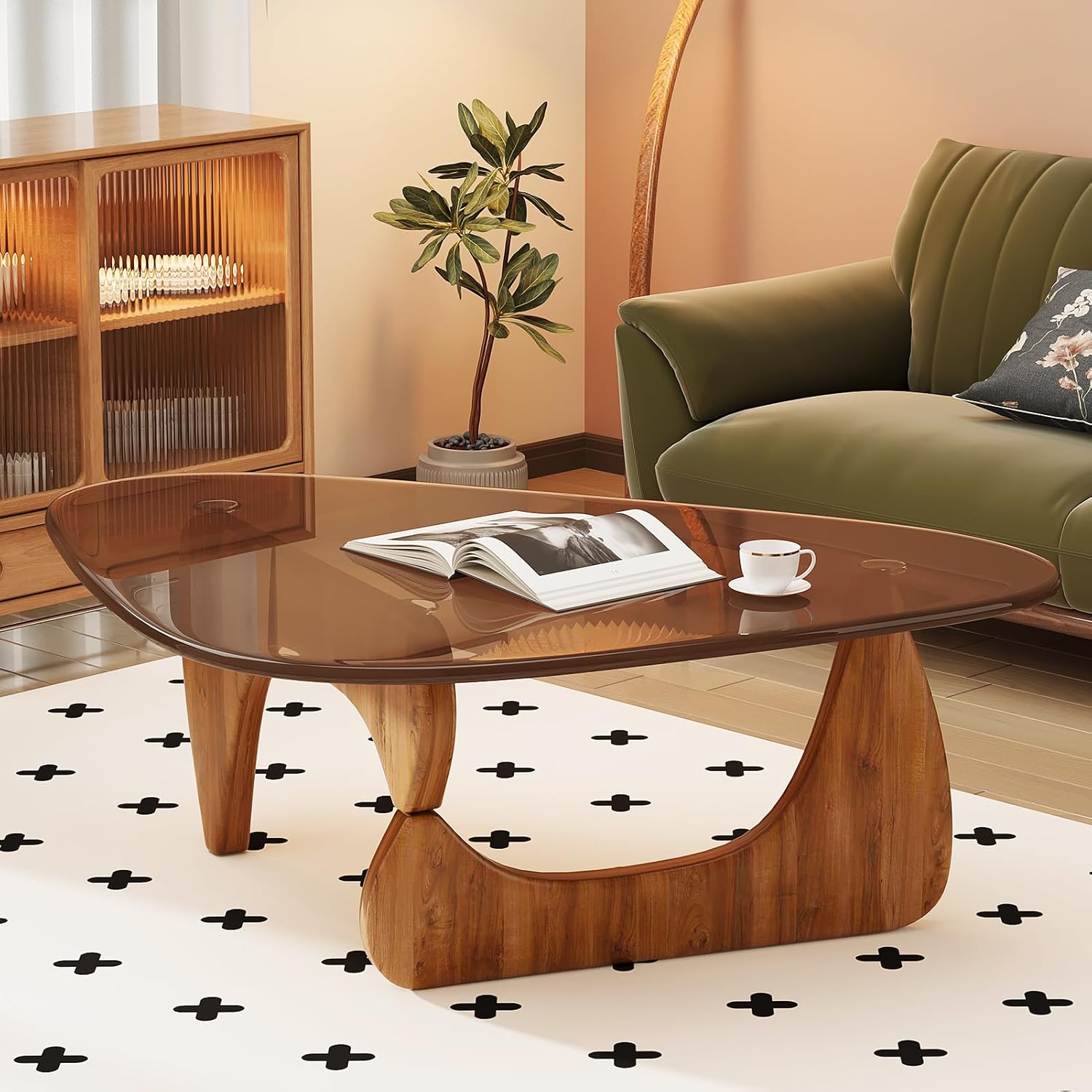 Coffee Table for Living Room Mid Century Modern Center Table with Glass Top and Wood, Brown/Walnut