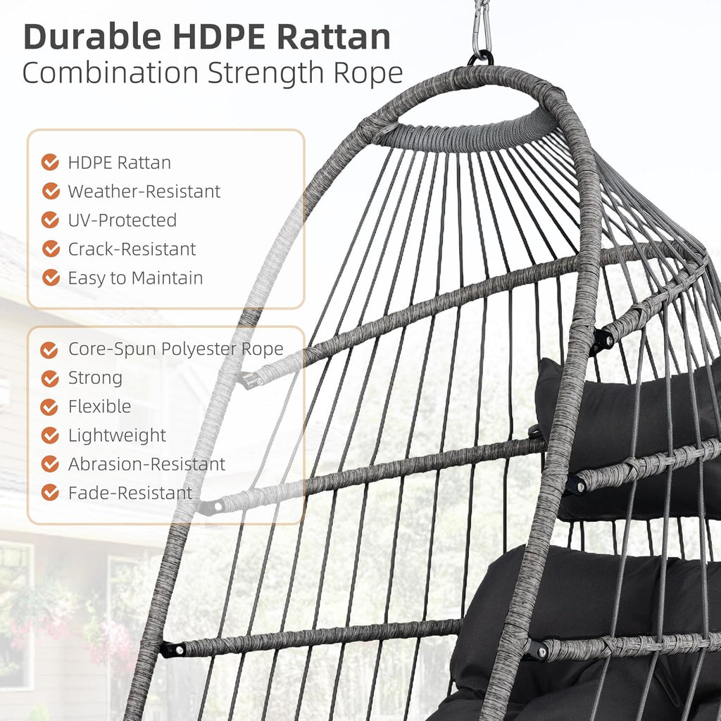 Hanging Egg Chair with Stand, Foldable Oversized Swing Chair, All-Weather Core-Spun Rope, Premium Fabric, Thick Breathable Water-Resistant Cushion, 350LBS Indoor Outdoor (Dark Grey)