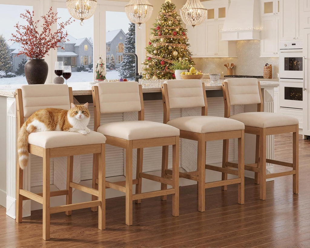 26.5'' Tall Bar Stools Set of 2 Modern Counter Stools with Backs Beige Linen Upholstered Bar Height Chairs Counter Height Island Stools with Wood Frame Farmhouse Wooden Barstools for Kitchen Island