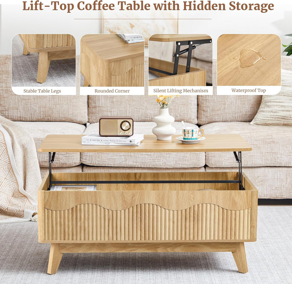 BERRYMERRY Lift Top Coffee Table with Hidden Storage, Farmhouse Fluted Coffee Table with Wave Profile, Rising Top Rectangular Center Table for Living Room (Natural Oak)