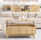 BERRYMERRY Lift Top Coffee Table with Hidden Storage, Farmhouse Fluted Coffee Table with Wave Profile, Rising Top Rectangular Center Table for Living Room (Natural Oak)