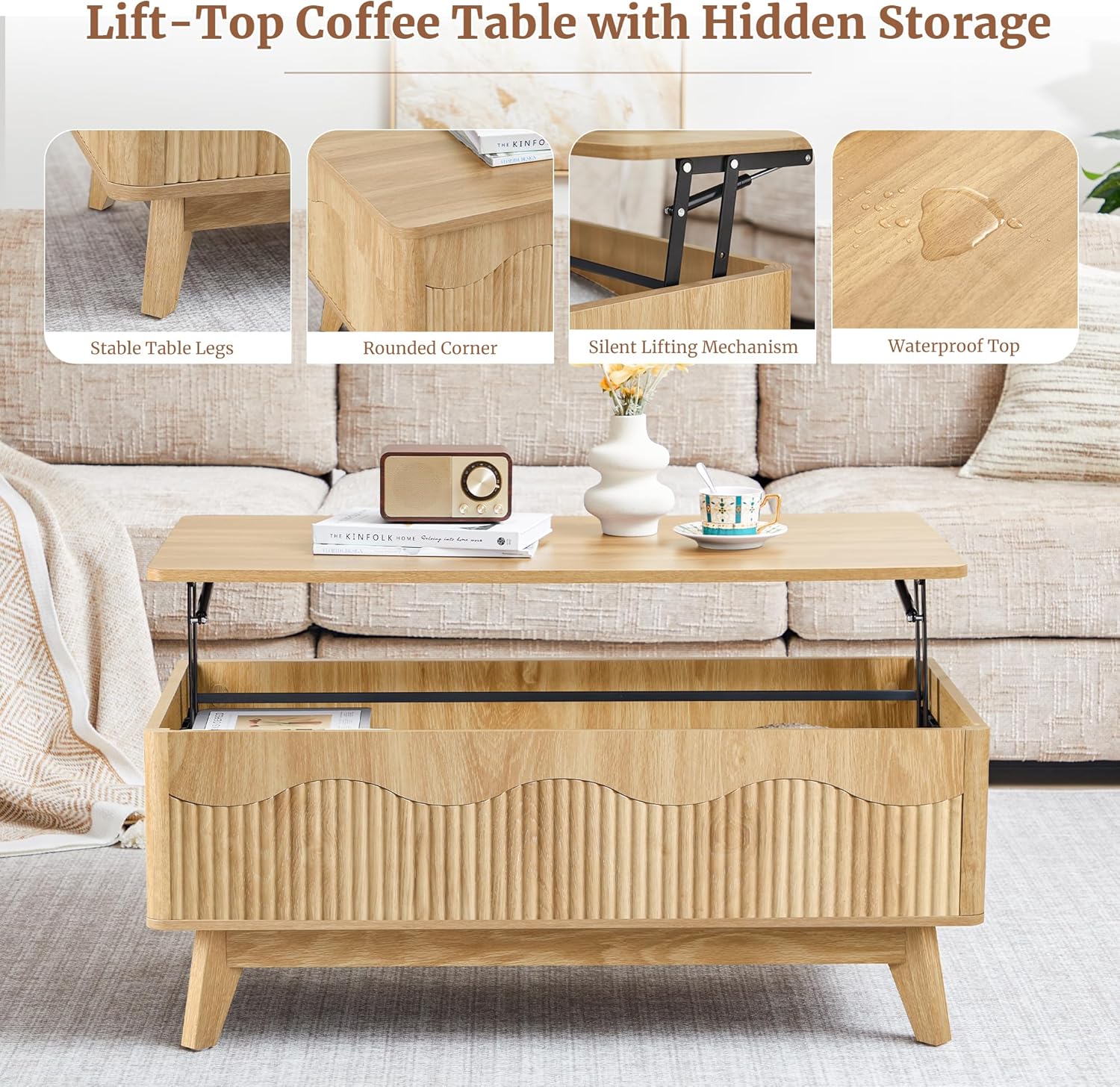 BERRYMERRY Lift Top Coffee Table with Hidden Storage, Farmhouse Fluted Coffee Table with Wave Profile, Rising Top Rectangular Center Table for Living Room (Natural Oak)