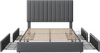 Allewie Queen Size Storage Bed Frame, Vertical Channel Tufted Adjustable Headboard, Velvet Upholstered Platform Bed with 4 Oversized Underbed Drawers, Wooden Slats Support, No Box Spring Needed, Grey