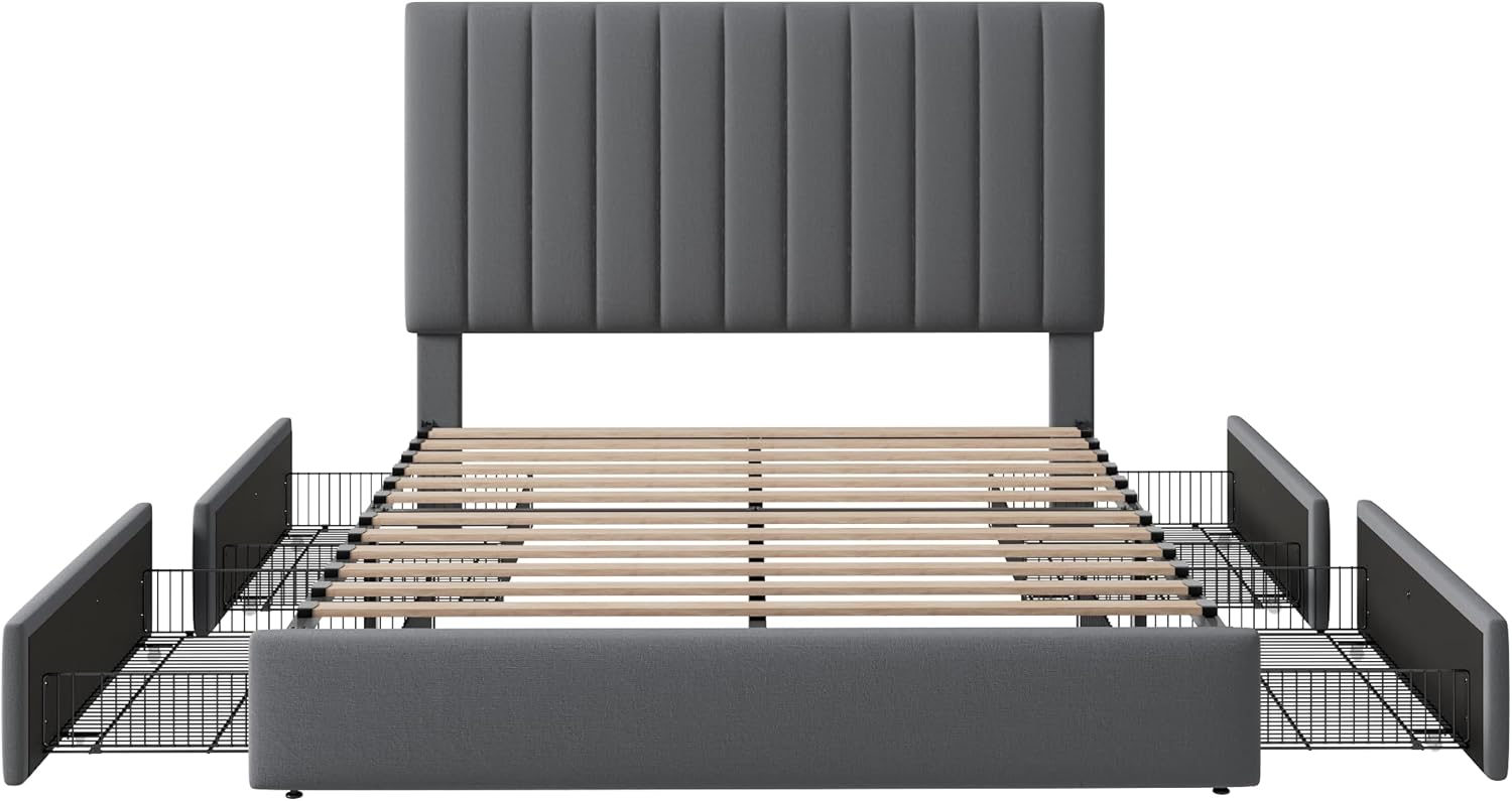 Allewie Queen Size Storage Bed Frame, Vertical Channel Tufted Adjustable Headboard, Velvet Upholstered Platform Bed with 4 Oversized Underbed Drawers, Wooden Slats Support, No Box Spring Needed, Grey