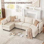 Modular Sectional Sleeper Sofa, Sectional Couch Reversible Sleeper Sofa Bed, 6 Seat Modular Couch with Storage and Chaise, Couches for for Living Room, Beige