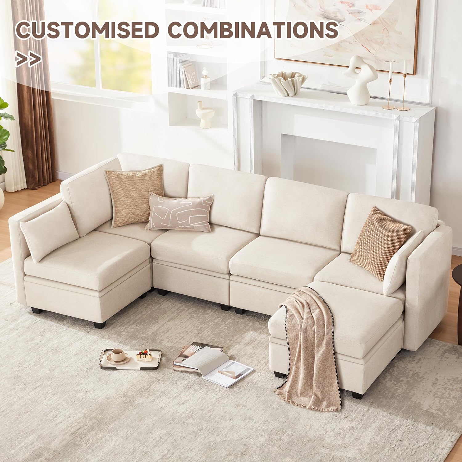 Modular Sectional Sleeper Sofa, Sectional Couch Reversible Sleeper Sofa Bed, 6 Seat Modular Couch with Storage and Chaise, Couches for for Living Room, Beige