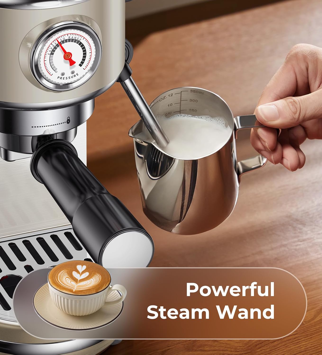 20 Bar Espresso Machine with Milk Frother, Compact Espresso Maker, Stainless Steel Coffee Machine with Precise Temp Control & 44oz Removable Water Tank for Latte, Cappuccino, Light Grey