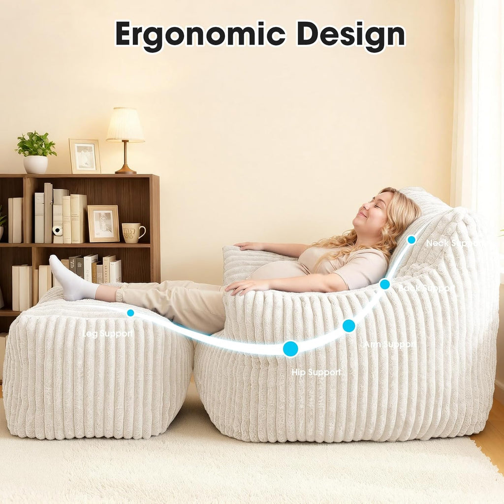 Giant Bean Bag Chair with Ottoman, Oversized Memory Foam Bean Bag Sofa for Adults and Kids, Large Comfy Fluffy Single Lounges Mini Couch for Living Room, Bedroom & Dorm(Beige)