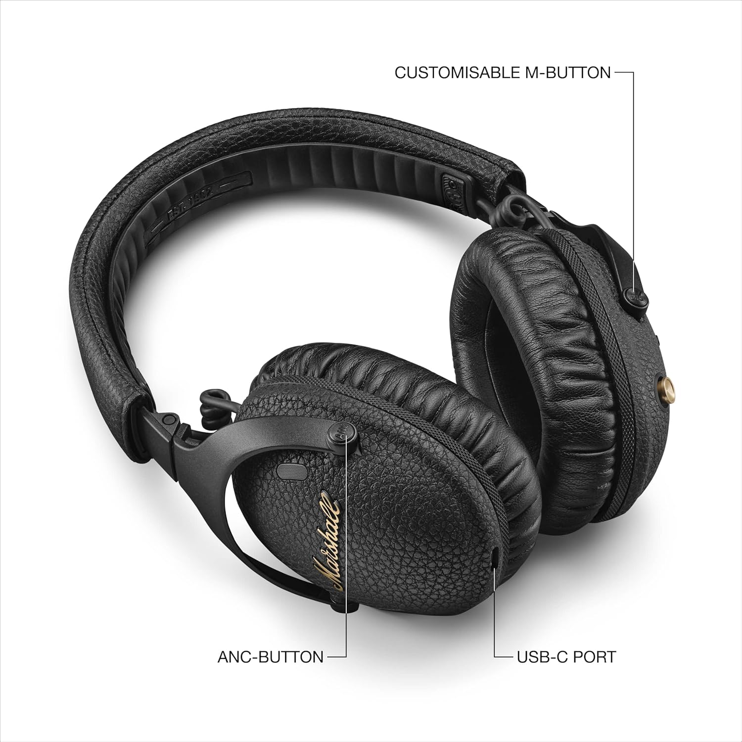 Marshall Monitor III A.N.C. Over-Ear Bluetooth Headphones - Active Noise Cancelling with Microphone | 100+ Hrs Wireless Playtime | Lightweight  Foldable Design for Travel - Black
