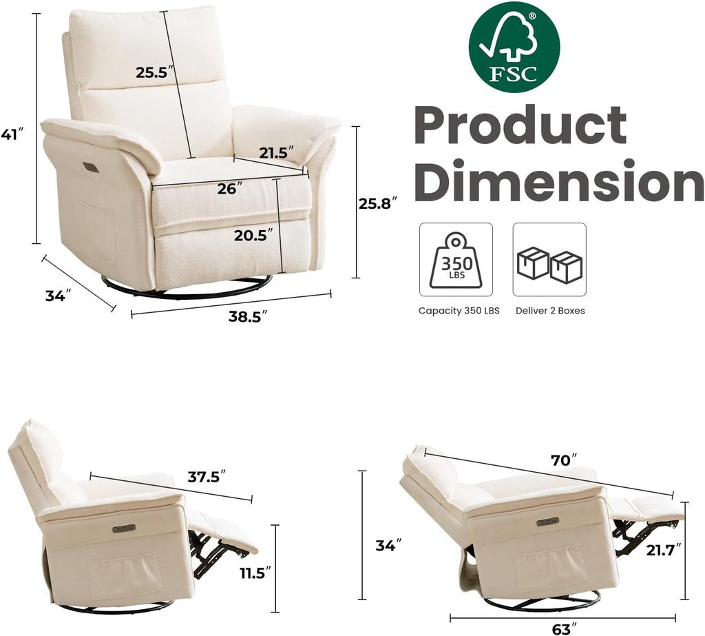 Oversized Power Recliner Chair Swivel Glider with Massage and Heat, Rocker Nursery Recliner for Adults with Adjustable Headrest, 26" Extra Wide Nursery Chair with Overstuffed Armrest,White