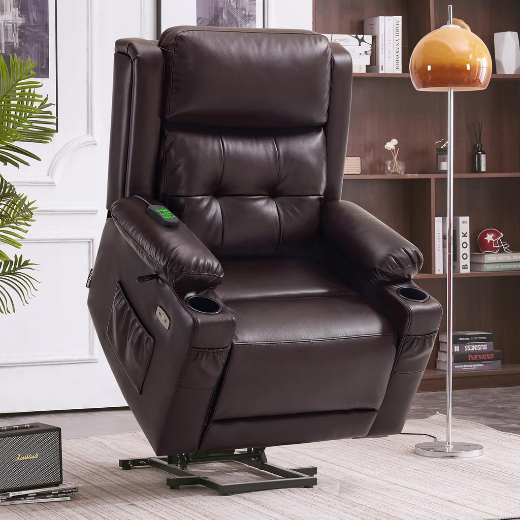 MCombo Large Triple Motor Power Lift Recliner Chair with Massage and Heat for Elderly People, Adjustable Headrest, Infinite Position, USB Ports, Faux Leather 7662 (Dark Brown, Large)