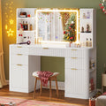 51.2" Fluted Makeup Vanity Desk with Large 30.3" Mirror and Lights, 5 Drawer Vanity with Power Strip, 6 Open Shelves, 2 Cabinet .Modern Dressing Table with Solid Wood Legs for Bedroom, White