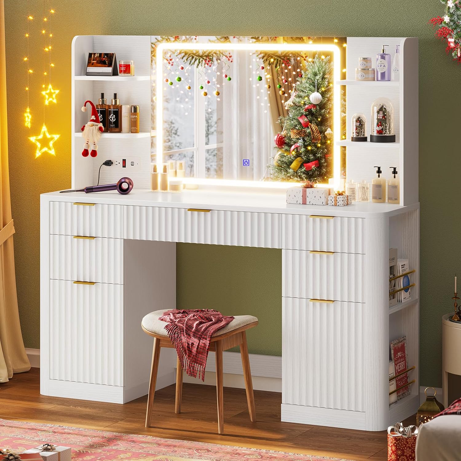 51.2" Fluted Makeup Vanity Desk with Large 30.3" Mirror and Lights, 5 Drawer Vanity with Power Strip, 6 Open Shelves, 2 Cabinet .Modern Dressing Table with Solid Wood Legs for Bedroom, White