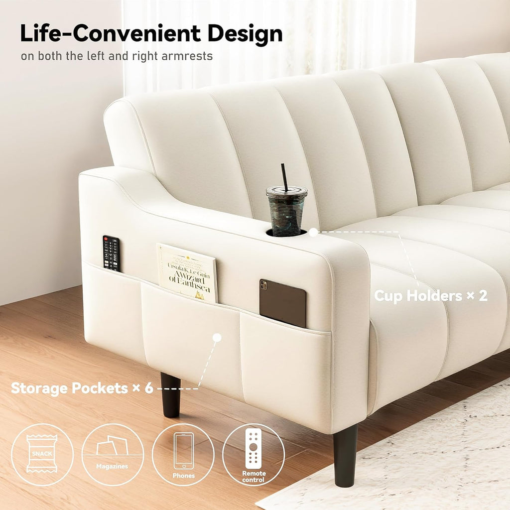80'' Futon Sofa Bed,Faux Leather Futon Sleeper Sofa, Convertible Loveseat with Adjustable Sofa Backrest,Modern Couches for Living Room, Bedroom, Apartment, Office (Beige)