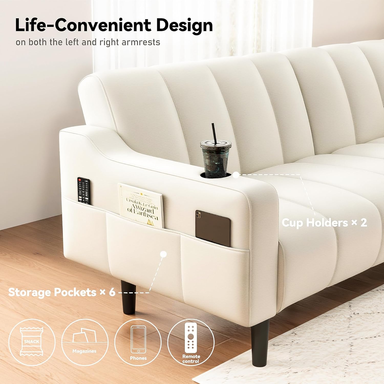 80'' Futon Sofa Bed,Faux Leather Futon Sleeper Sofa, Convertible Loveseat with Adjustable Sofa Backrest,Modern Couches for Living Room, Bedroom, Apartment, Office (Beige)