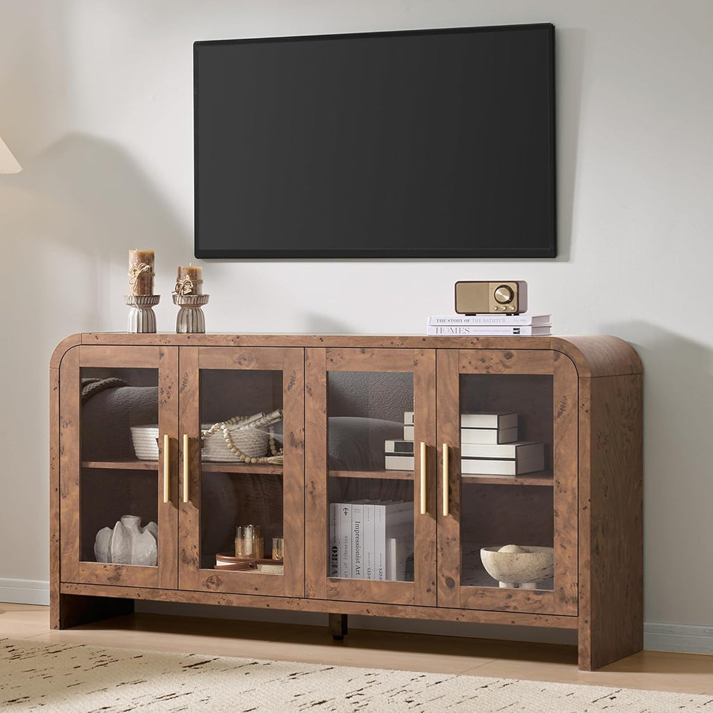 Sideboard Buffet Cabinet Unique Curved Large Credenza Storage Cabinet with 4 Glass Doors, FSC-Certified Wooden Board Console Cabinet, Kitchen Coffee Bar Cabinet for Living Room, Hallway