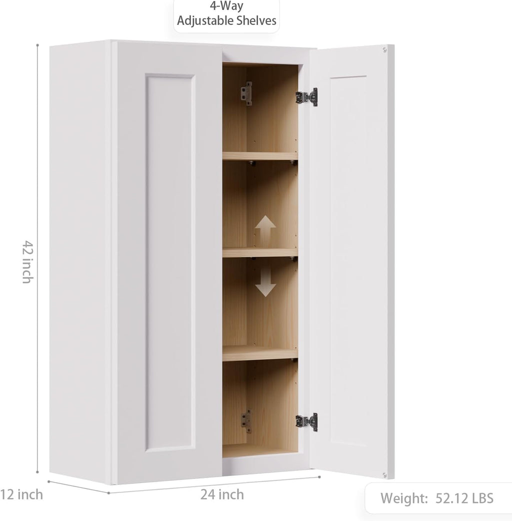 Solid Wood Kitchen Wall Cabinets, 24 Inch Wide Over The Toilet Storage Cabinet, Bathroom Organizer Cabinets with 2 Shaker Door & 3 Shelves, Easy Assembly for Dining Room, Laundry - White