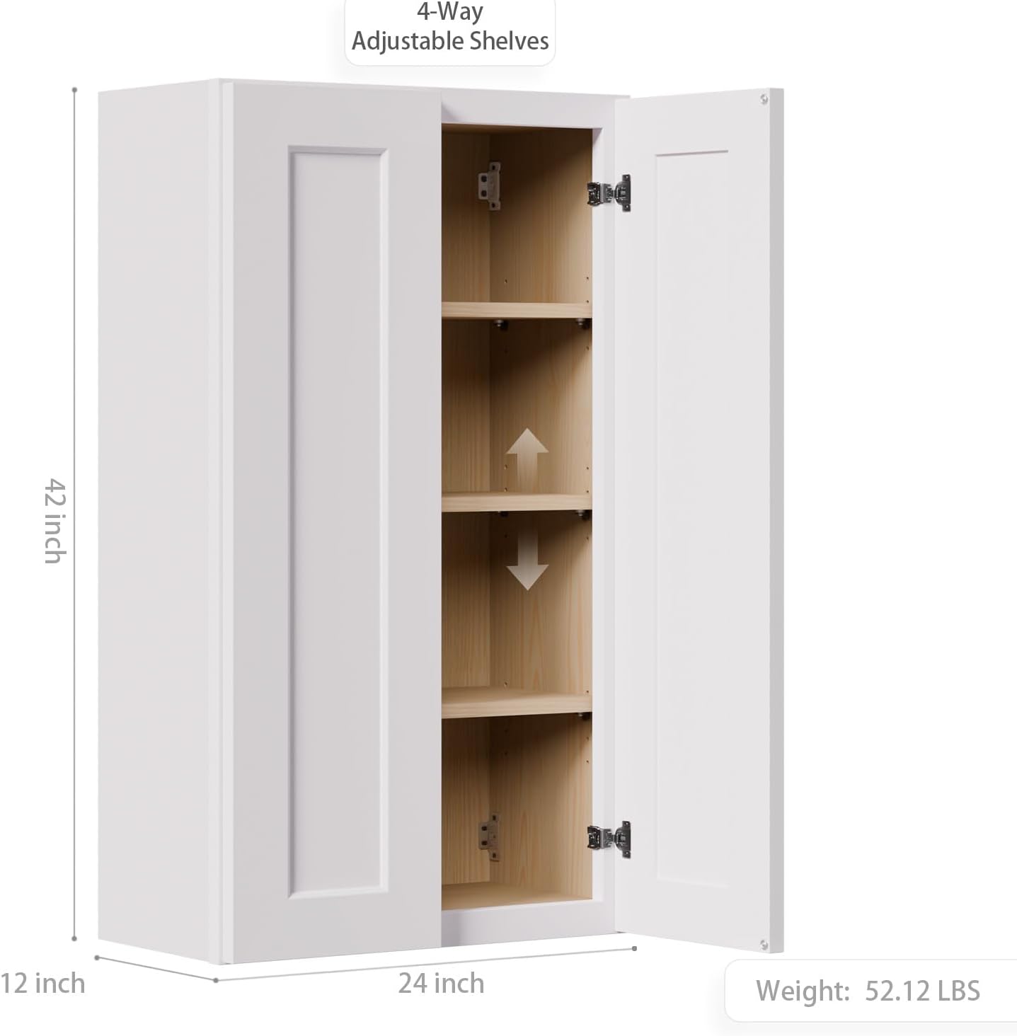 Solid Wood Kitchen Wall Cabinets, 24 Inch Wide Over The Toilet Storage Cabinet, Bathroom Organizer Cabinets with 2 Shaker Door & 3 Shelves, Easy Assembly for Dining Room, Laundry - White