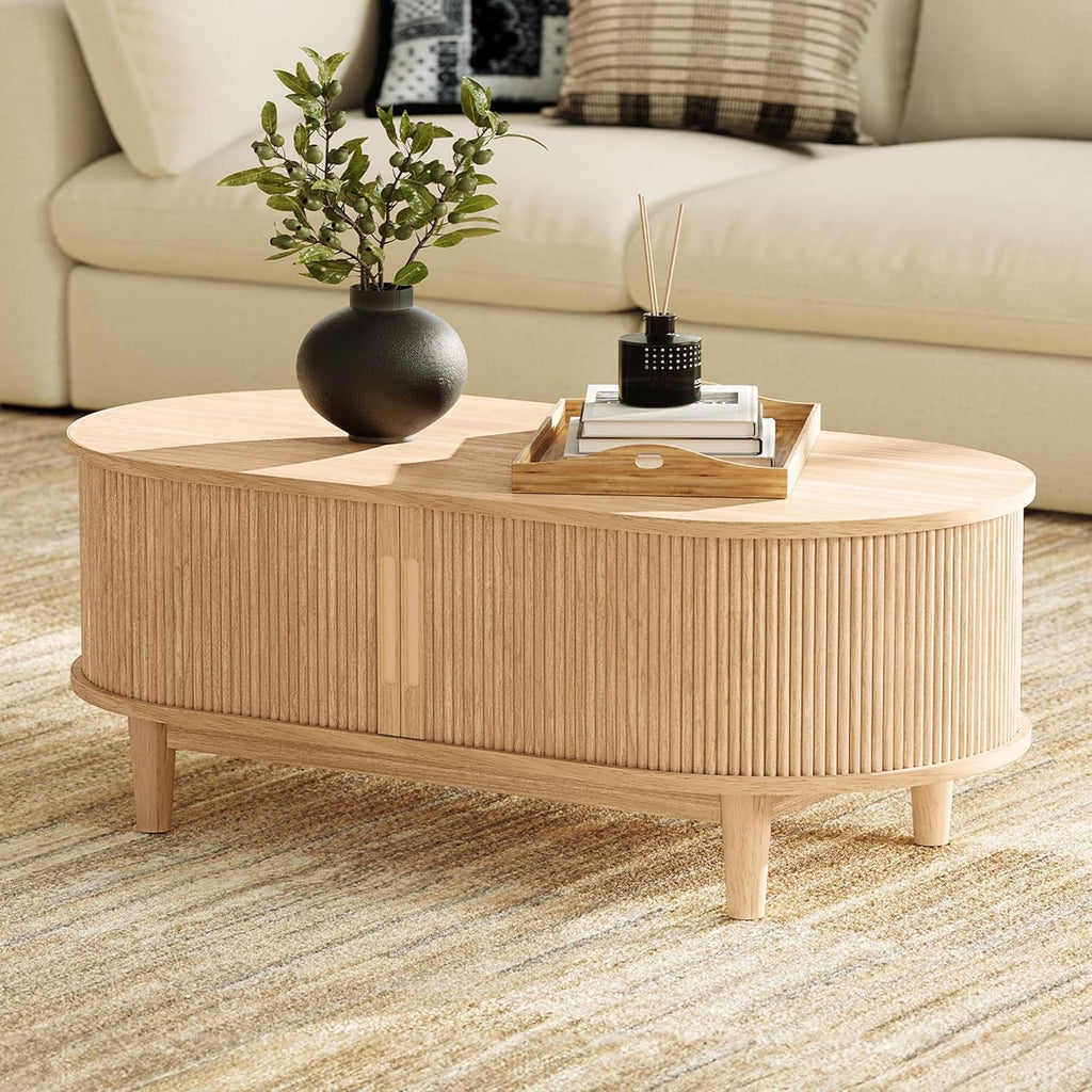 LINSY HOME Oval Coffee Table, Wood Coffee Table with Storage, Fluted Accent Center Table with Sliding Tambour Door, 39" Boho Coffee Tables for Living Room, Bedroom, Apartment, Oak