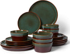 Pokini Plates and Bowls Sets for 6, Ceramic Dinnerware Sets, Kitchen Dish Set, Microwave & Dishwasher Safe Dishware, Highly Durable Reactive Glazed Dinner Set, Brown Green