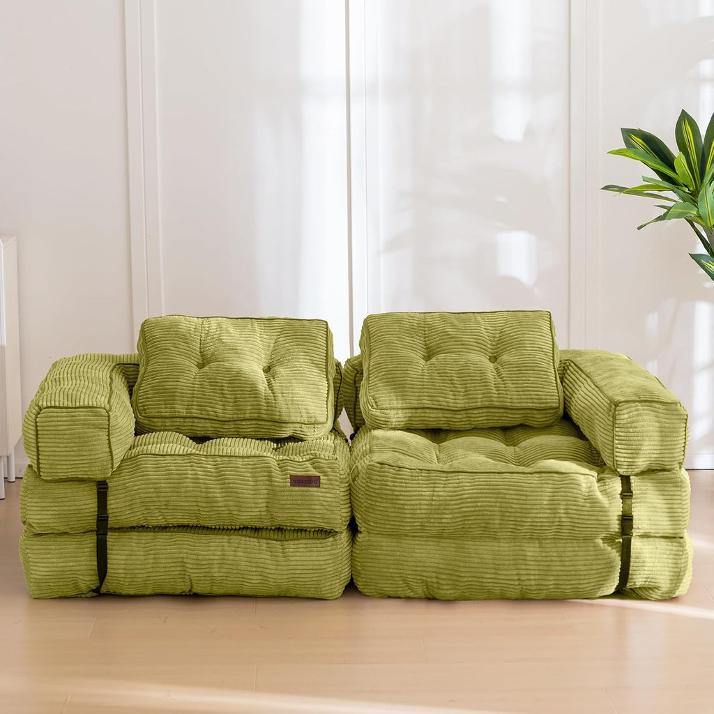 MAXYOYO Folding Sofa Bed, L-Shaped Convertible Sofa Bed with Armrest Foldable Sleeper with Pillow, Portable Fold Out Chair Bed Comfy Floor Sofa Lounge for Living Room Bedroom, Green