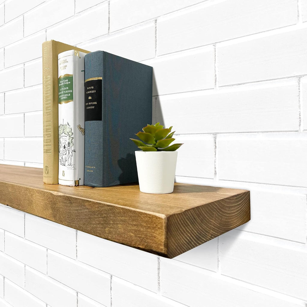 URBANDI, Rustic Floating Shelves, Set of 2, Hidden Bracket, Solid Wood, Heavy Duty, Wall Mounted Shelves, (Brown, 24Wx8D)