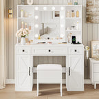IRONCK White Vanity Desk with Mirror & Lights, Farmhouse Makeup Vanity Table with Adjustable 3 LED Modes, Charging Station, 3 Drawers & Storage Shelves, Stool Included