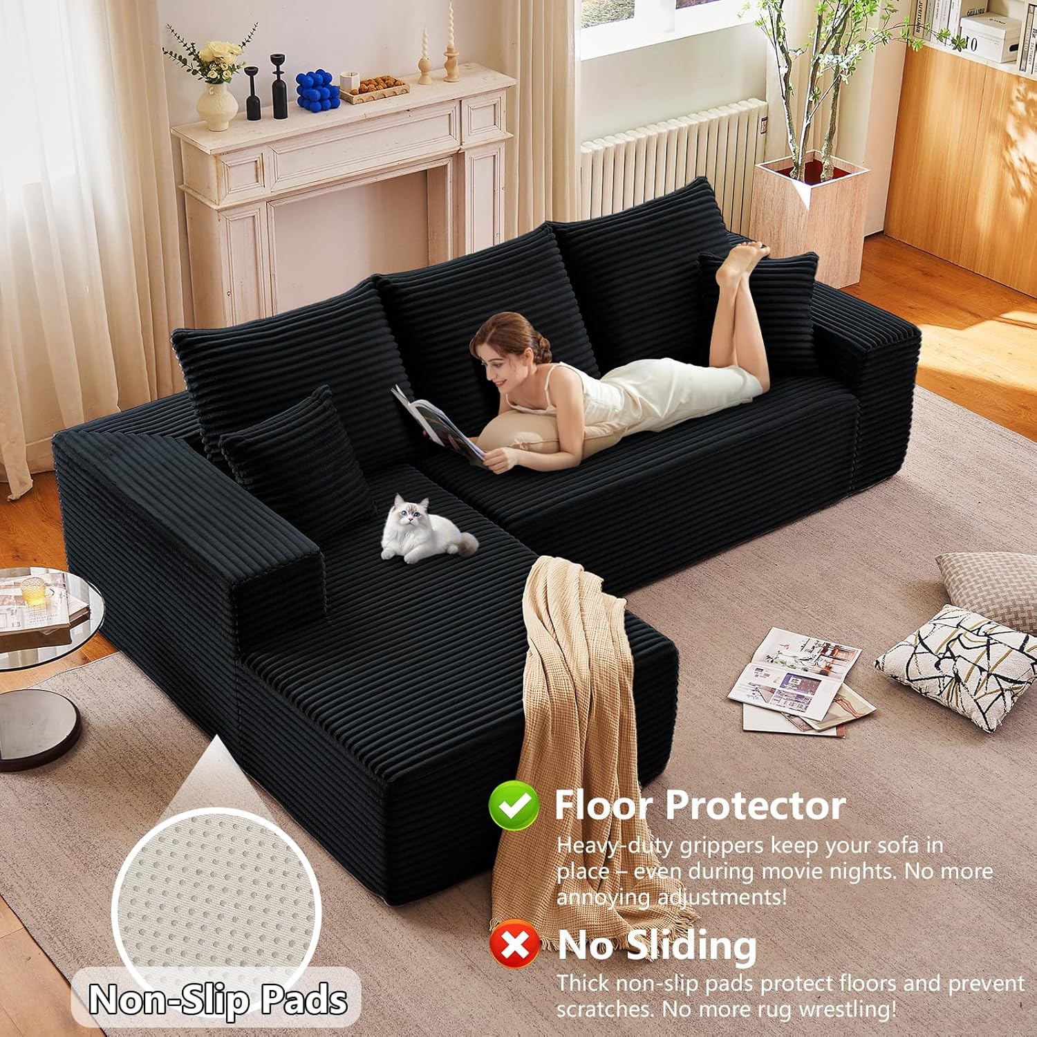 96" Modular Sectional Sofa, Modern Corduroy Cloud Couch with Deep Seat, Boneless Couch Upholstered 3-Seater L-Shaped Sofa for Living Room, No Assembly Required(Black, Left-Facing Chaise)