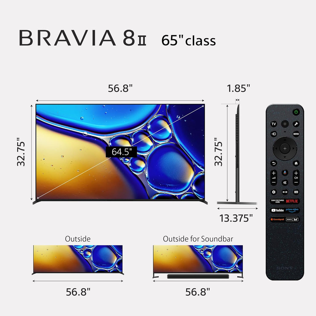 Sony BRAVIA 8 II 65 Inch TV  QD OLED  4K Smart Google TV  XR Processor with AI Technology  Ultra Slim Design  120hz Television  Dolby Vision/Atmos  Exclusive Features for PS5  K-65XR80M2  2025 Model