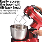 Hamilton Beach Electric Stand Mixer, 4 Quarts, Dough Hook, Flat Beater Attachments, Splash Guard, 7 Speeds with Whisk, Easy-Carry Top Handle, Red