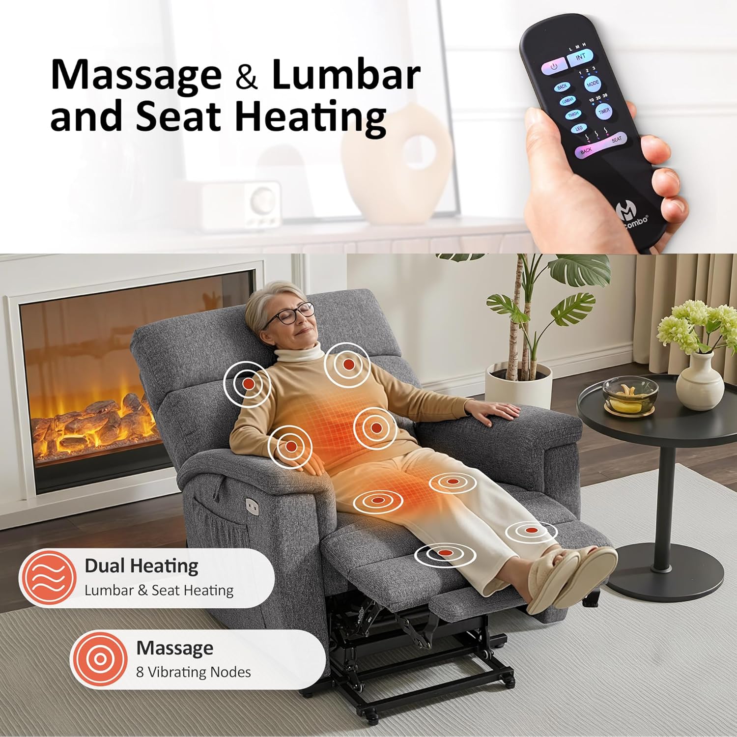 MCombo Power Lift Recliner Chair with Massage and Dual Heating, Adjustable Headrest, Extended Footrest for Elderly People, Fabric R7605 (Dark Grey)
