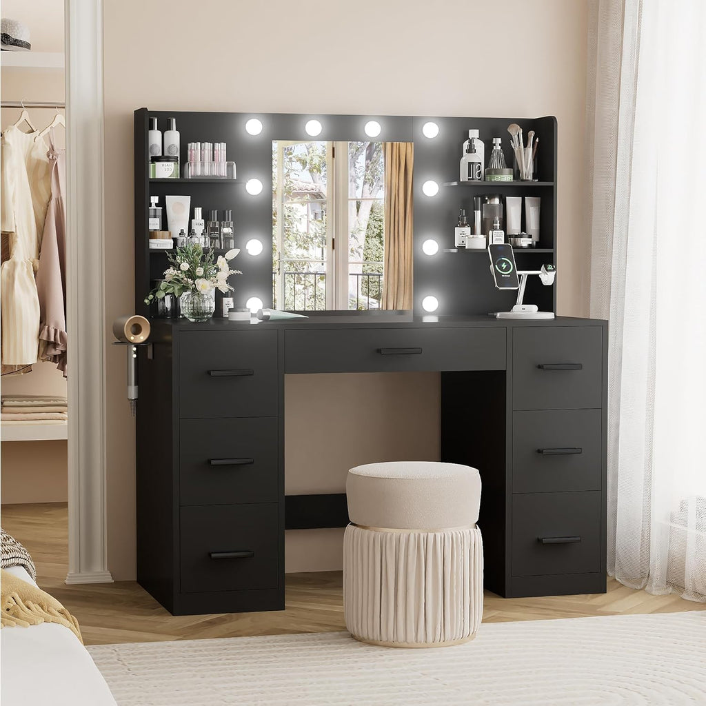 YESHOMY Vanity Desk with Mirror, Power Outlet and 10 Lights, Makeup Table with 7 Drawers, 3 Color Modes Available for Bedroom, Black