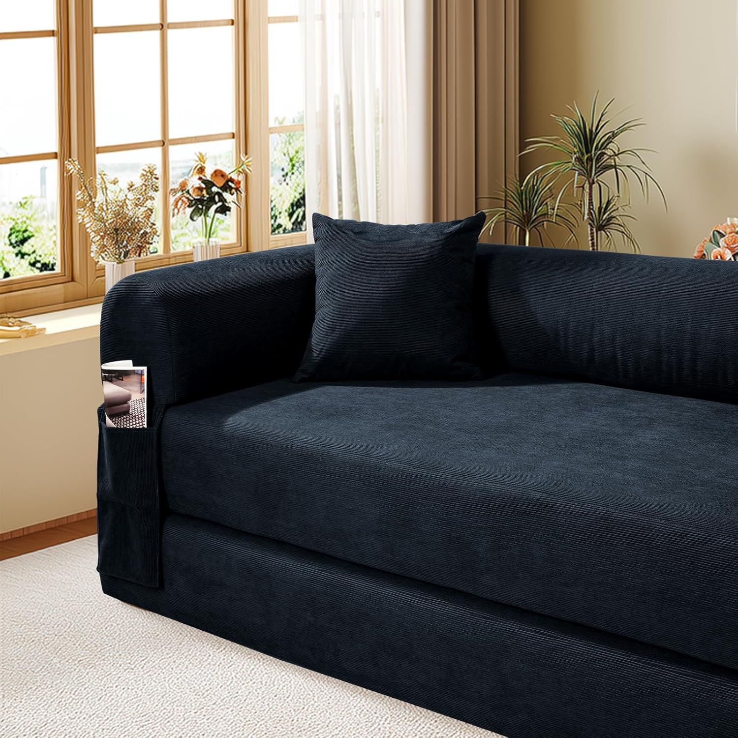 Convertible Futon Sofa Bed,80" Folding Pull Out Couch Bed with Storage,Queen Sleeper Sofa Bed,Compressed Couch in a Box,Corduroy Boneless Couches for Living Room,Deep Blue