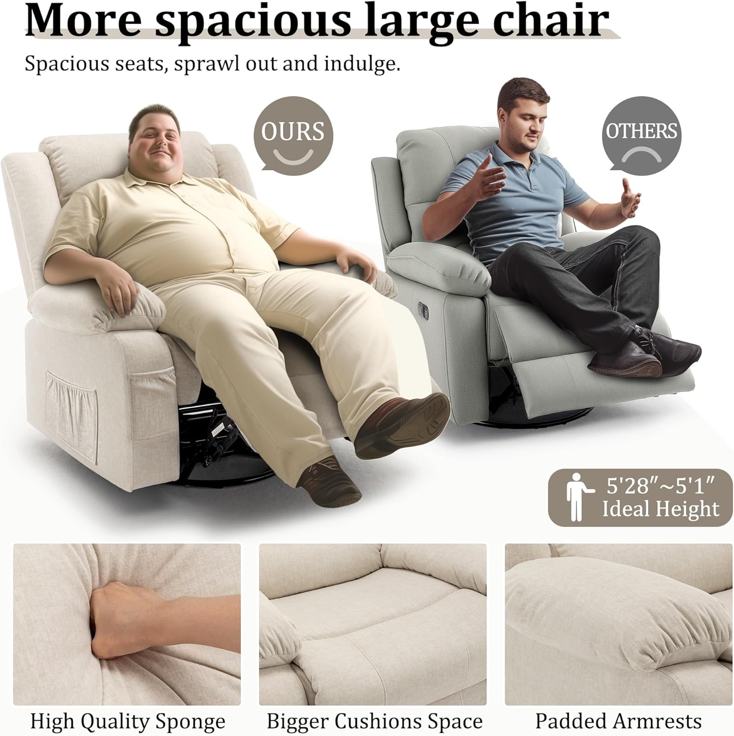 Recliner Chair, Wide Rocker Chair, Rocking Chair with Massage and Heat,360°Swivel Nursery Rocking Chairs, Oversized Recliner for Adults, Cashmere Reclining Sofa for Living Room, Beige